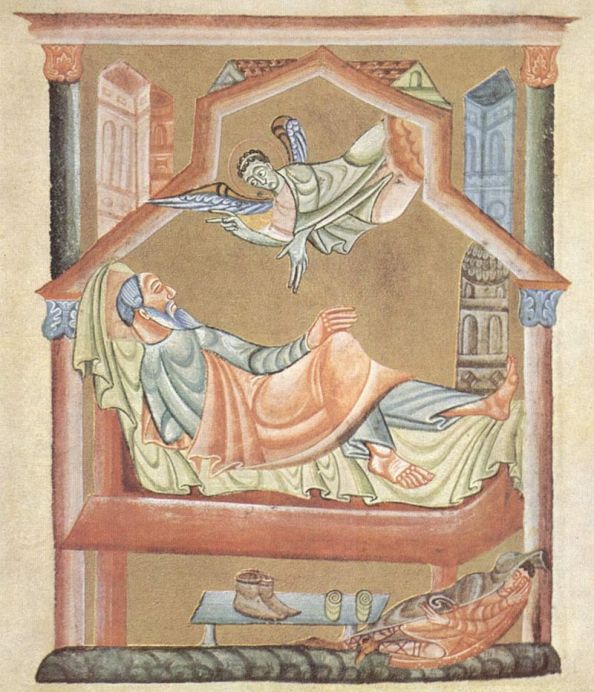 Das Bett als Ort des Schlafens; vom Meister des Perikopenbuches Heinrichs II. Der Traum Josefs, vor 1014