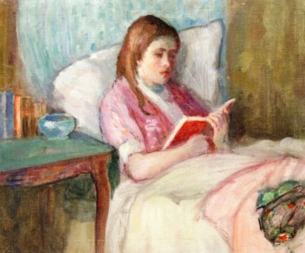 Young Woman Reading in Bed — Lucien Abrams
