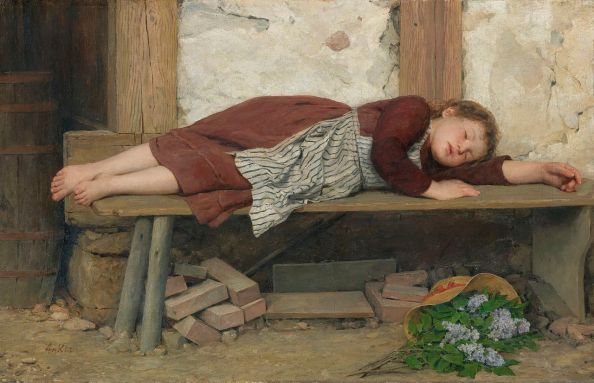Albert anker sleeping-girl-on-a-wooden-bench